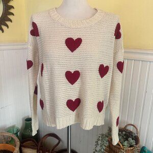 Cotton Candy M cream White sweater puffy red hearts knit over sized